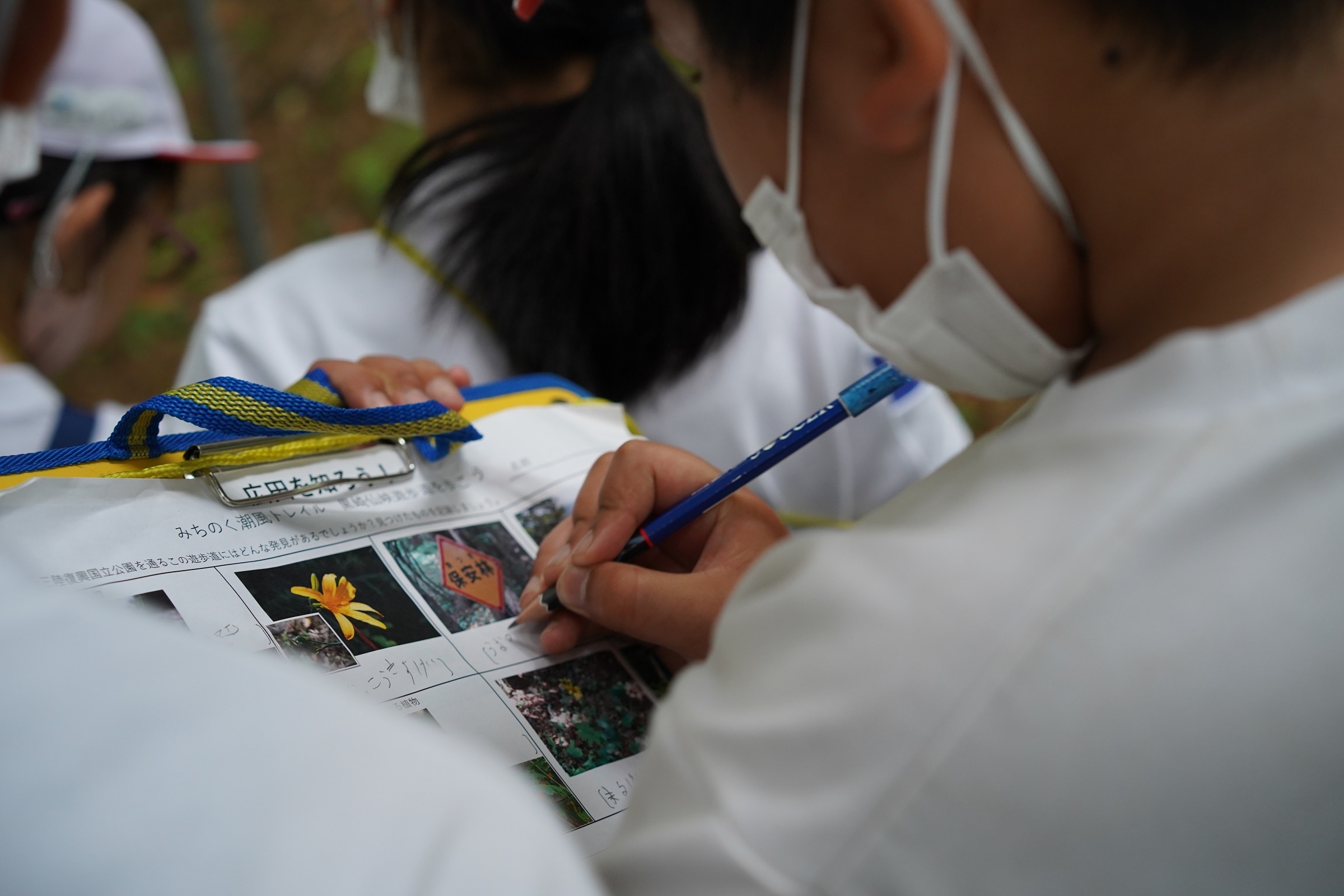 広田小学校トレイル体験にて見つけたものを真剣に記入しています
