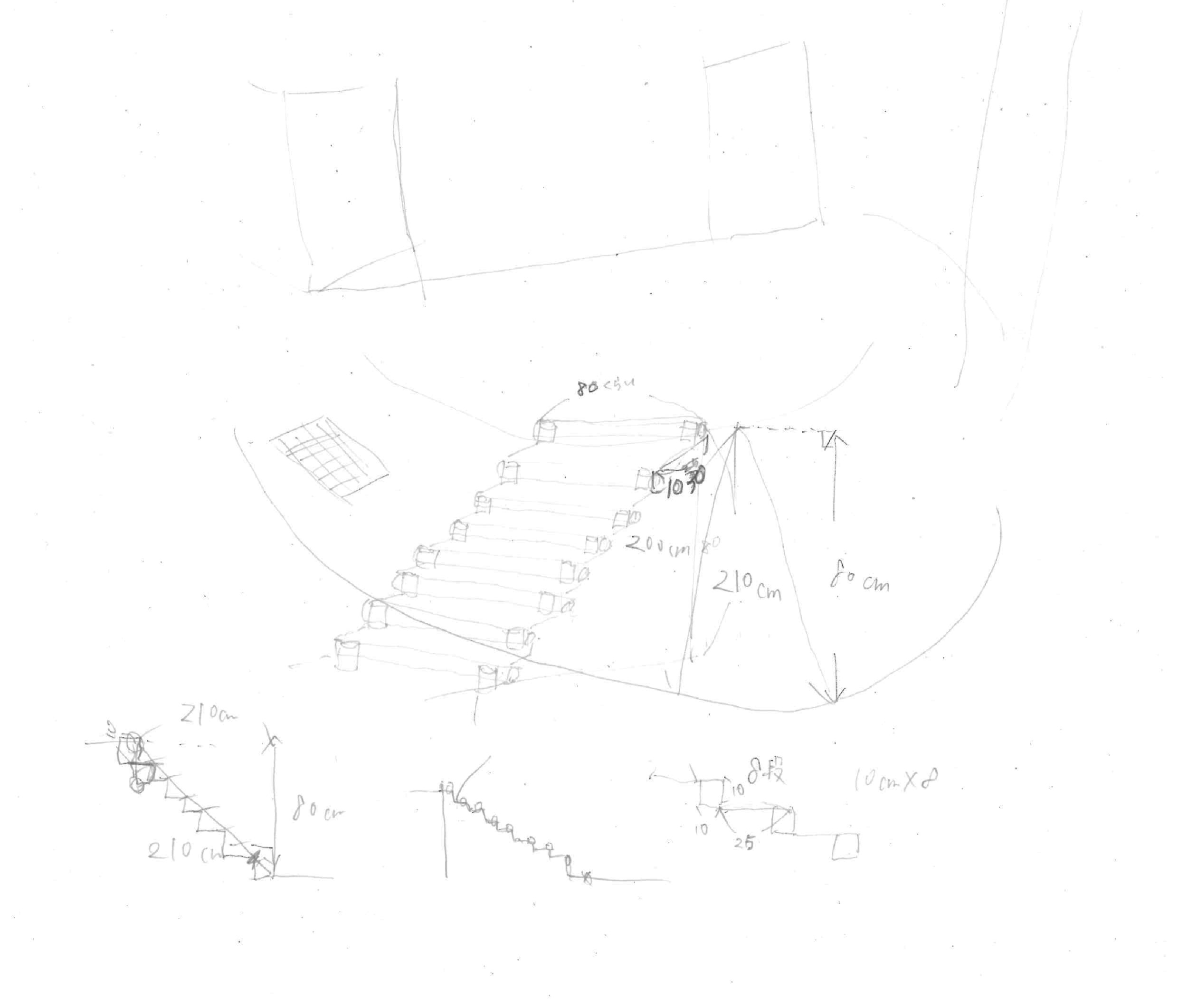 紙に鉛筆でざっと書かれた階段の図と計算＃現場でのメモとスケッチ