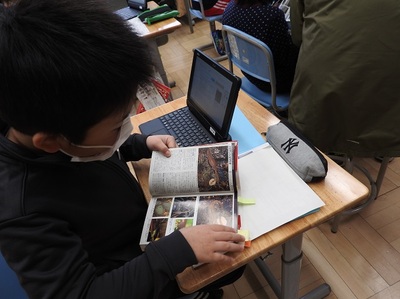 机の上のタブレット端末と図鑑に目を落とす児童
